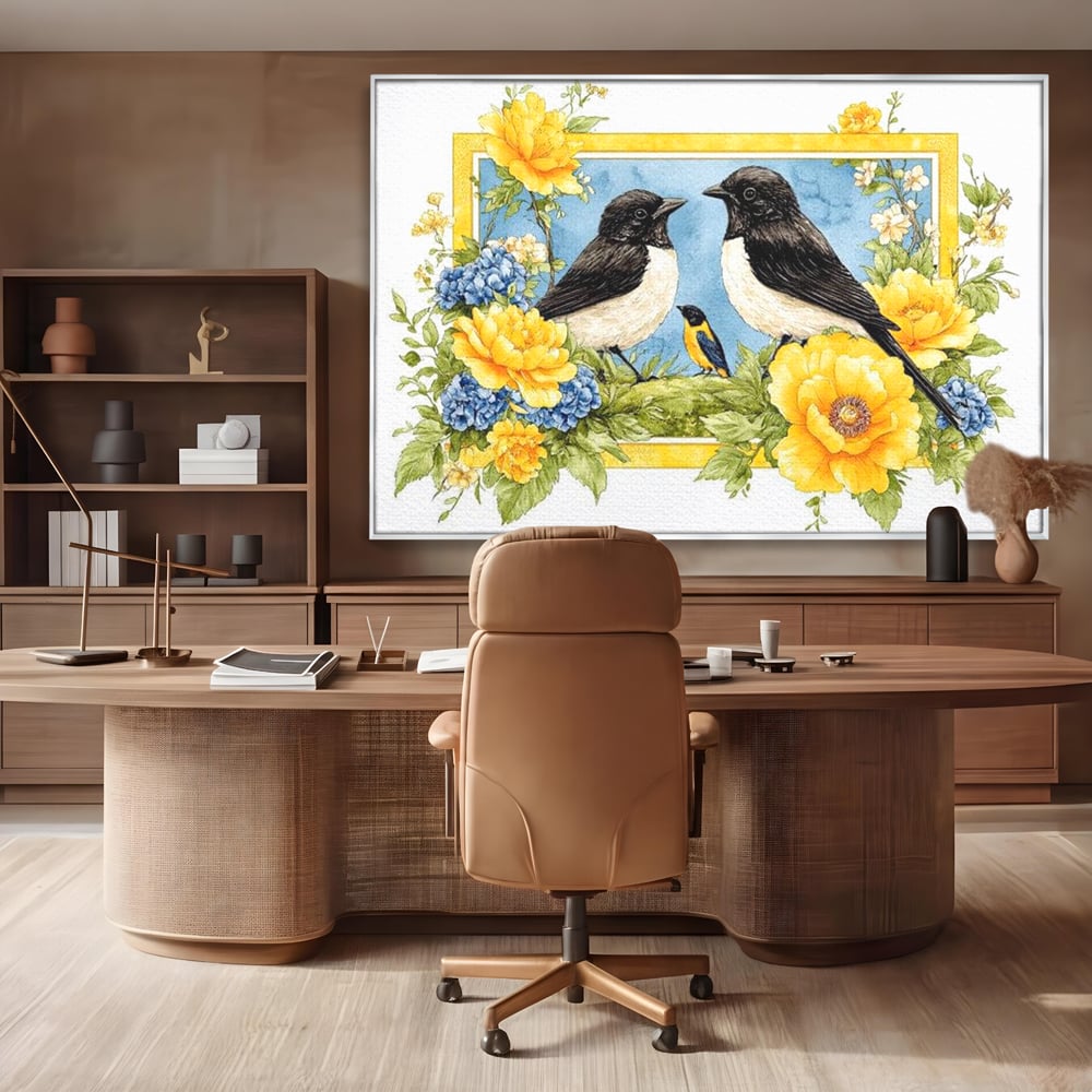 Tablou canvas cu tablou canvas cu pasari si flori, in rama de aluminiu argintiu, pe perete intr-un birou